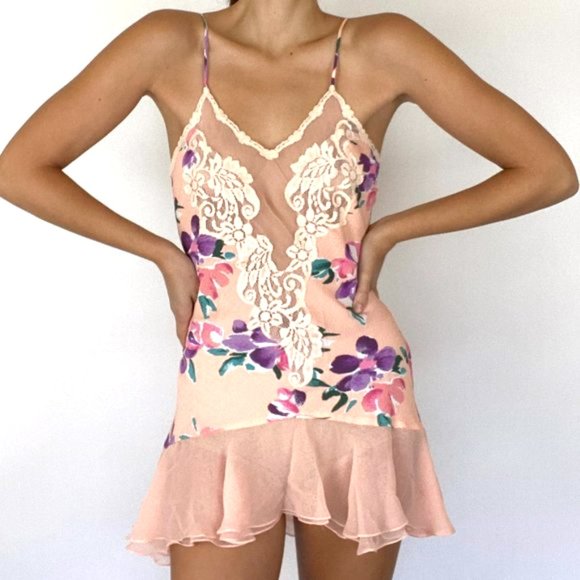 Vintage Peach Floral Ruffle Lace Mini Slip Dress - Picture 7 of 12